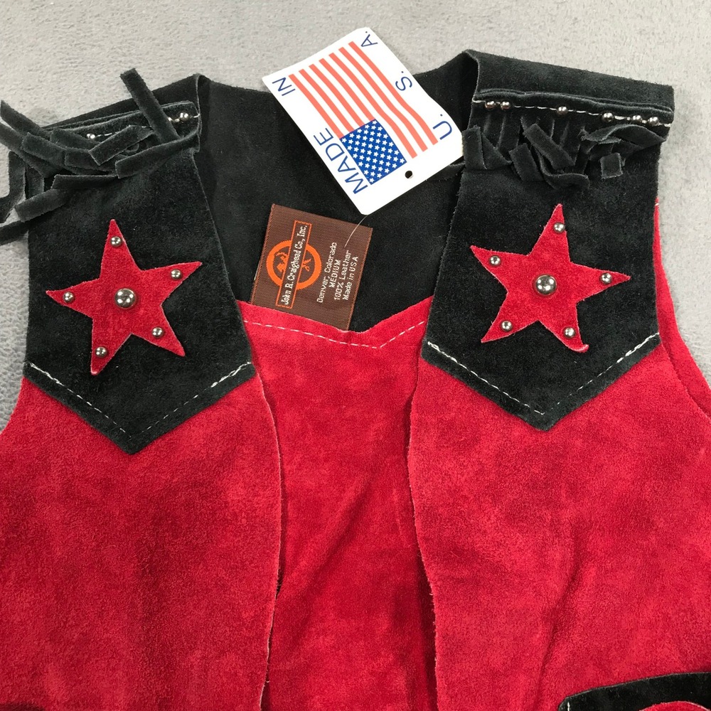 John R Craighead Kids Red Black Suede Leather Fringe Western Star Vest Medium - Picture 3 of 10